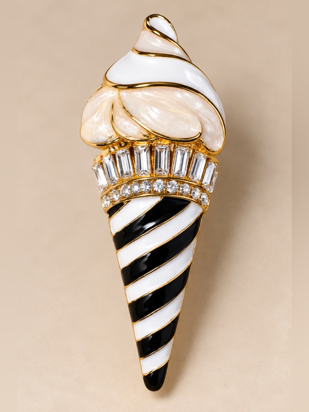 Gold-Tone Black & White Enamel Ice Cream Cone Brooch
